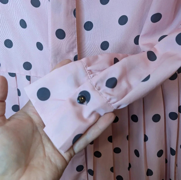 Polka Dot Dress Ascot Neck Tie Bow Pink Black Full Button Down Midi Length Small - Picture 5 of 13